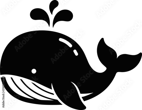 Black whale silhouette spraying water, simple cartoon style, isolated on white background