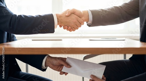 Business Handshake Above Desk While Cash Envelope Passes Below as Corruption Metaphor
