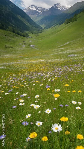 Vibrant Alpine Meadow with Wildflowers Blooming, Lush Green Valley, and Majestic Snow-Capped Mountains, symbolizing nature's beauty and serene exploration.