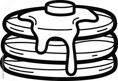 Foto Hand-drawn stack of pancakes with syrup and butter, simple line art illustration