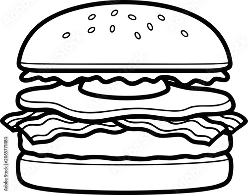 Black and White Hamburger with Fried Egg and Bacon Illustration