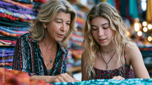 Jewish mother and teenage daughter selecting fabric for bat mitzvah dress in textile shop, generational excitement milestone celebration tradition preparation coming-of-age community heritage identi