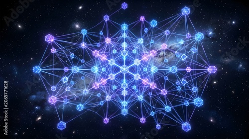 Glowing geometric network of blue and purple nodes connected by neon lines floats in deep space among distant stars representing advanced technology and neural interconnectivity.