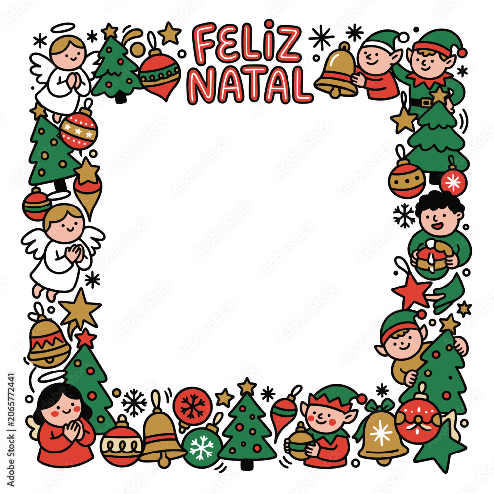 Fototapeta premium Feliz Natal Christmas Frame with Angels Elves Trees Ornaments and Bells Festive Holiday Greeting