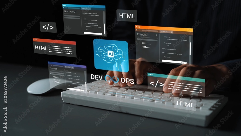 Obraz premium Developer working on artificial intelligence and DevOps with HTML code displayed on screens, showcasing technology and programming concepts in action Gluon.