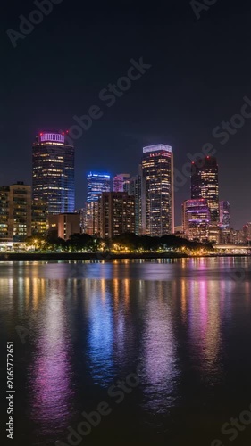 Vibrant city skyline at night with illuminated skyscrapers reflecting on calm water, cinematic panning shot, symbolizing urban energy, modern metropolis, and progress.