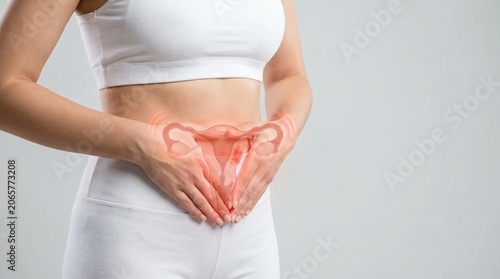 Woman's body Holding Lower Abdomen with Reproductive System Overlay, Pelvic Pain and Gynecological Health Concept