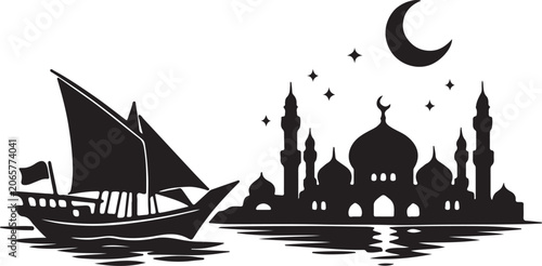 Bild auf Leinwand Islamic Mosque Cityscape Sailing Dhow Boat