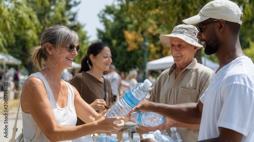 Diverse people receiving bottled water at an outdoor event staying hydrated and during community gathering refreshed