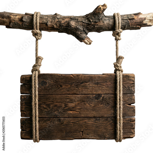 Wooden sign hanging from rustic tree branch isolated on transparent background