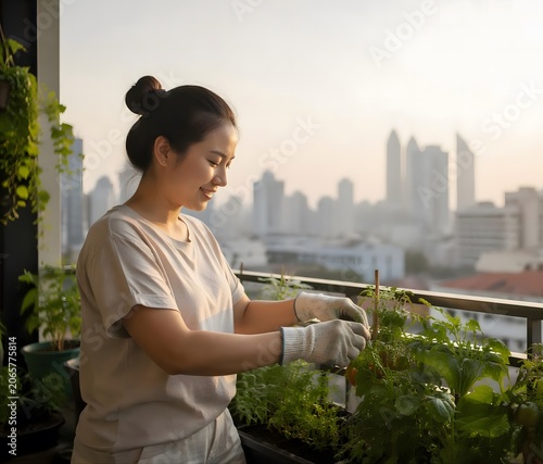 Woman gardening on city rooftop terrace.