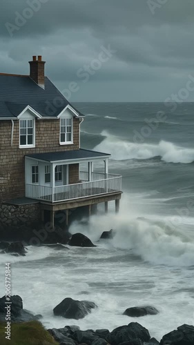 Dramatic coastal house with powerful ocean waves crashing against rocks, viewed from an elevated angle, symbolizing resilience, nature's power, and serene isolation.
