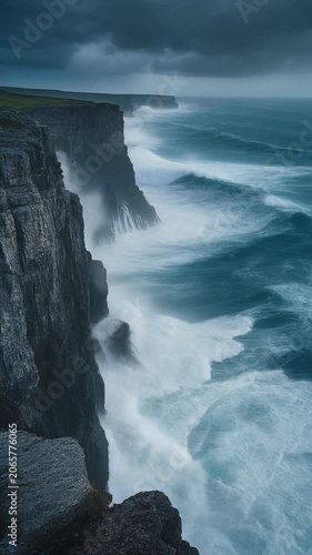 Dramatic waves crashing against rugged cliffs in dramatic, stormy weather, with powerful white sea spray, symbolizing nature's raw power and untamed beauty