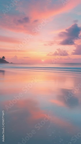 Serene Tropical Beach Sunset, Gentle Ocean Waves Reflecting Pastel Sky on Wet Sand, Palm Tree Silhouette, Slow Motion, Representing Tranquility, Romance, and Paradise