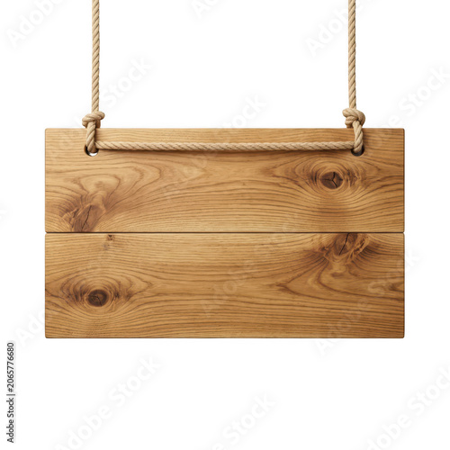 Smooth polished oak wood sign hanging on rope transparent background