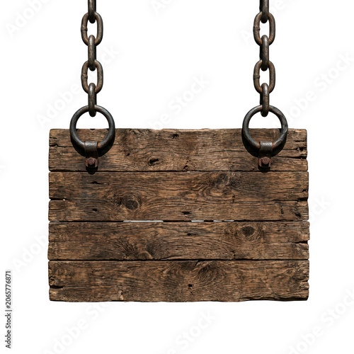 Vintage dark wooden sign hanging on iron chains isolated on transparent