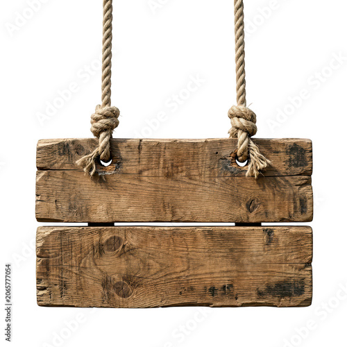 Weathered reclaimed wood sign hanging on rope isolated on transparent