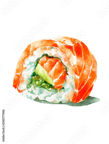 Sushi Roll Watercolor Illustration with Salmon for Food Menu Design