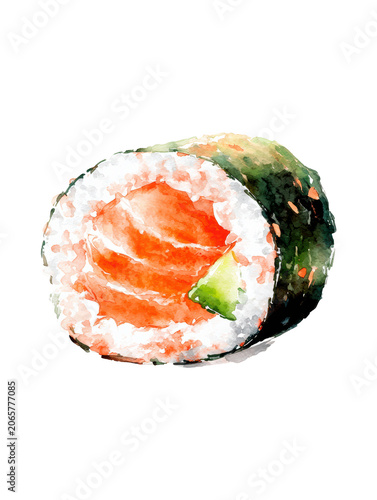 Sushi Watercolor Illustration of Maki Roll for Menu Design