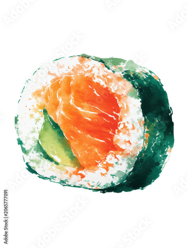 Sushi Watercolor Illustration of Salmon Roll for Food Menu Design