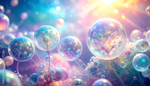 Whimsical scene of floating orbs amidst colorful floral elements