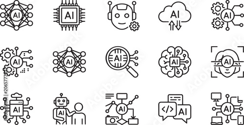 Tablou pe pânză Set of black line vector icons representing artificial intelligence concepts dis