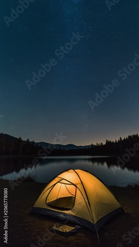 Illuminated Camping Tent by Lakeside Under Starry Night Sky, Gentle Panning Motion, Highlighting Nature's Serenity, Representing Adventure, Tranquility