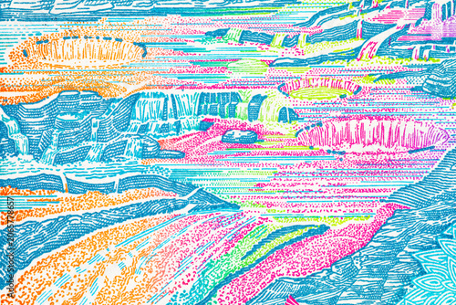 Fotografie Colombian 2000 Mil Pesos banknote showing the Caño Cristales river in Serrania de la Macarena and flying birds