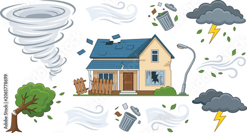 Fotografía Natural Disaster and Extreme Weather Vector Set with Tornado Damaged House Broke