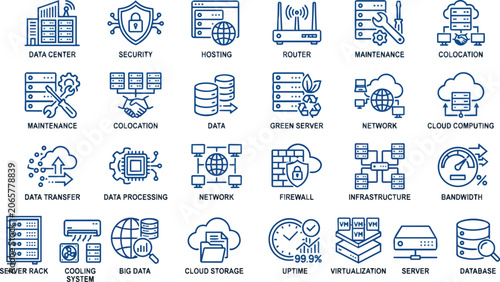 A collection of blue line style data center and server technology icons on transparent background
