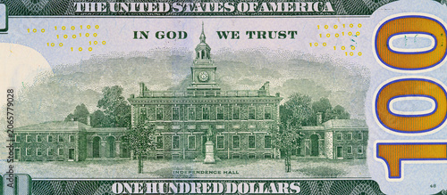 Fotografie US one hundred dollar bill featuring Independence Hall
