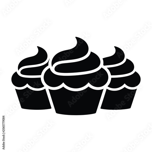 Quadro su tela Simple black and white graphic illustration of three frosted cupcakes in a row