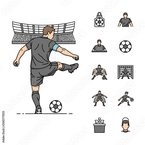 Soccer player kicking a ball with stadium icons.