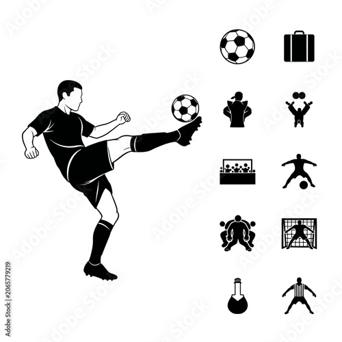 Soccer player kicking a ball with various icons around.