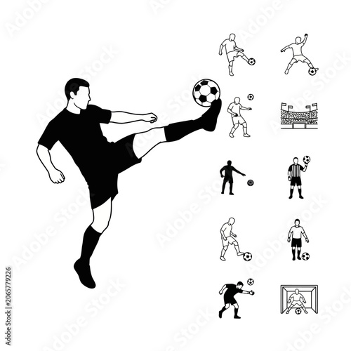 Soccer player kicking a ball with various soccer-related icons.
