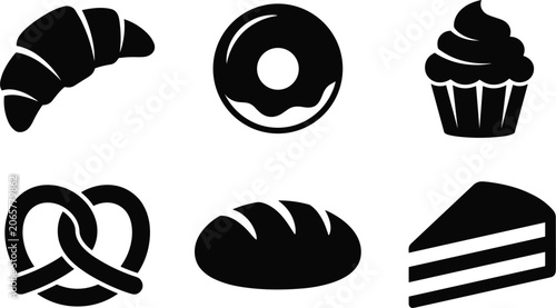 Bild auf Leinwand Bakery Sweet and Savory Baked Goods Silhouette Icon Set Featuring Croissant, Don