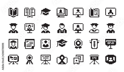 Cuadro en lienzo Pixel art education and knowledge icons with books, graduation caps, computers, and presentations