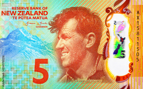 Cuadro en lienzo 5 Dollar New Zealand Banknote Featuring Sir Edmund Hillary with Mount Cook in the background