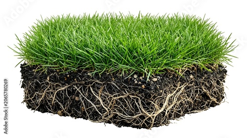 Detailed section of green grass and roots isolated on white background shows soil and earth.