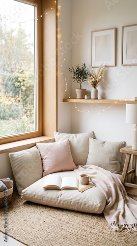 Cozy reading nook with floor cushions and fairy lights by a window