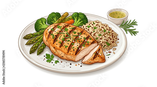 Delicious Grilled Chicken Breast with Quinoa and Fresh Steamed Vegetables Healthy Meal Concept