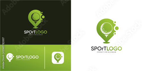 Golf ball and point location logo design template. Sport center and pin map element. Geometric abstract app icon green gradient.