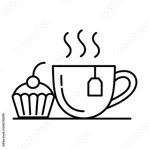 Hot tea cup and sweet cupcake vector icon illustration for cafe menu or food design project