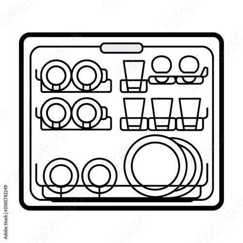 Dishwasher rack interior organization vector icon with plates and glasses for kitchen clean