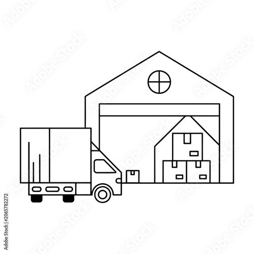 Warehouse logistics delivery truck with boxes vector icon for shipping and freight transport