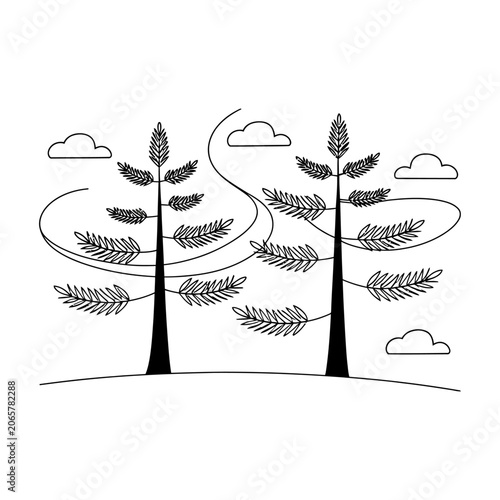 Minimalist vector of two pine trees in a landscape with clouds and wind