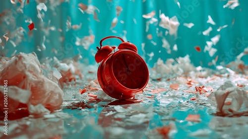 Red alarm clock floating in water with bubbles and coins on turquoise background