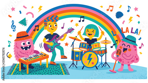 Monster band playing instruments and singing under rainbow arch.