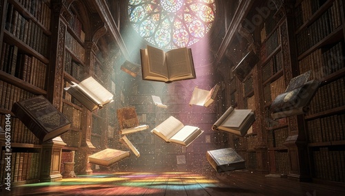 Enchanting Library Scene Where Ancient Books Mystically Float, Illuminated by Vibrant Light Streaming Through a Stained Glass Window, Evoking Wonder and Knowledge