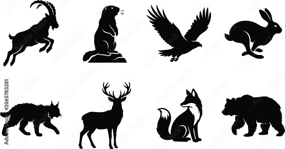 Obraz premium European alpine wildlife and mountain forest animal black silhouette vector set featuring ibex marmot eagle hare lynx deer fox and bearEuropean alpine wildlife and mountain